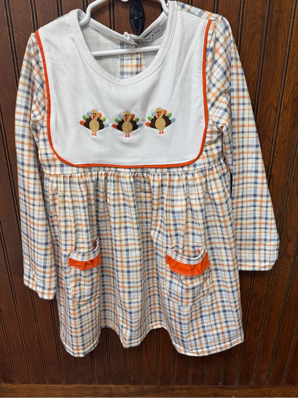 Girls Plaid Turkey Bib Dress with Orange Trim